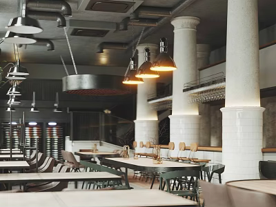 Industrial Café Interior Design With Pendant Lights Wooden Tables And White Columns 3d model