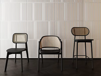 Black Frame Dining Chairs Featuring Woven Backrest And High Bar Stool Against Vertical Striped Wall 3d model