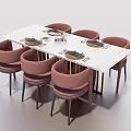 Modern Rectangular Dining Table Set With White Marble Top And Six Pink Upholstered Chairs 3d model