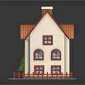Small House with Orange Roof Chimney White Walls Red Door Red Fence and Green Tree