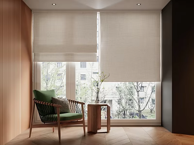 Stylish Window Blinds Enhancing Modern Interior With Green Chair And Wooden Elements 3d model