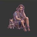 The Woman Sitting With Two Dogs In Blue Shirt Denim Shorts Brown Boots And Backpack