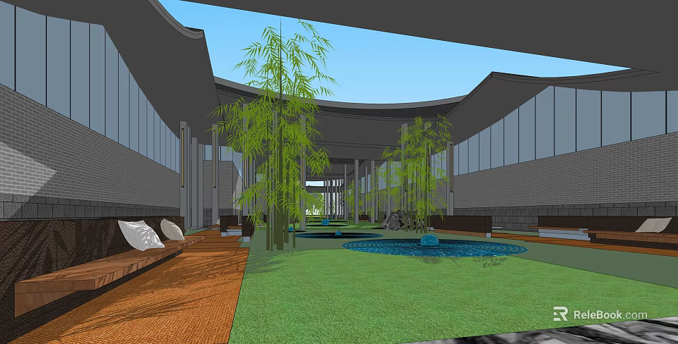 Modern Sales Office Building With Curved Roof Glass Facade Bamboo Plants Water Pool And Lawn 3d model 