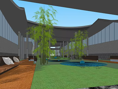 Modern Sales Office Building With Curved Roof Glass Facade Bamboo Plants Water Pool And Lawn 3d model