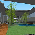 Modern Sales Office Building With Curved Roof Glass Facade Bamboo Plants Water Pool And Lawn
