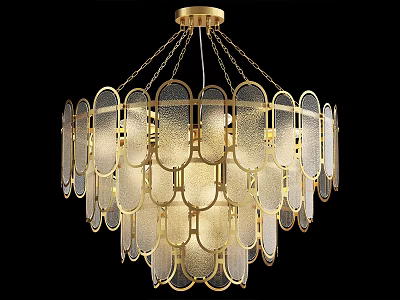 Elegant Modern Crystal Chandelier Featuring Gold Frame And Frosted Glass Panels 3d model