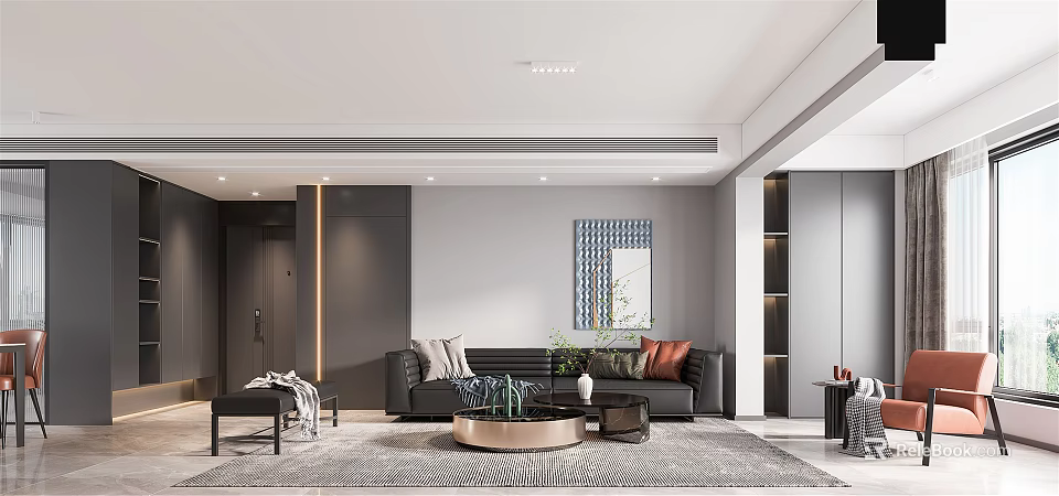 Modern Living Dining Room Interior With Black Sofa Round Coffee Table And Decorative Plants 3d model