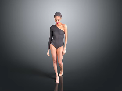 Woman in One Shoulder Black Bodysuit Standing in Full Length Pose Against Grey Studio Background 3d model
