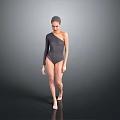 Woman in One Shoulder Black Bodysuit Standing in Full Length Pose Against Grey Studio Background