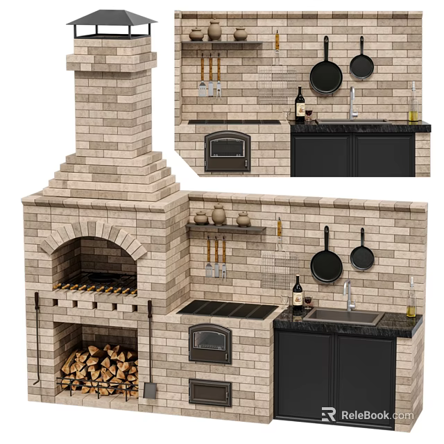 Traditional Brick Oven Kitchen With Hanging Pans Black Cabinets And Sink Utensils 3d model 