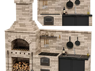Traditional Brick Oven Kitchen With Hanging Pans Black Cabinets And Sink Utensils 3d model