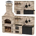 Traditional Brick Oven Kitchen With Hanging Pans Black Cabinets And Sink Utensils