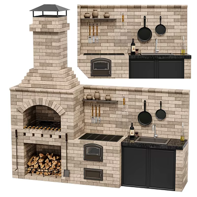 Traditional Brick Oven Kitchen With Hanging Pans Black Cabinets And Sink Utensils 3d model