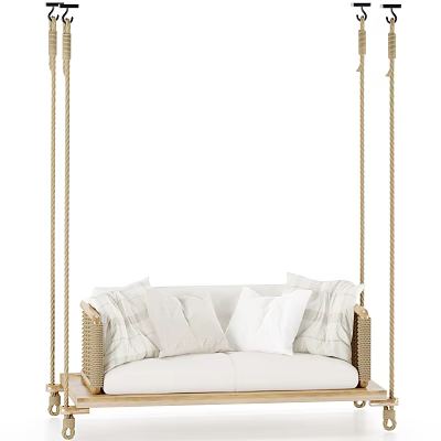 Cozy Woven Hanging Chair With Beige Cushions And Natural Rope Suspension 3d model