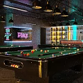 Modern Billiard Room Interior With Stylish Tables Chandeliers And Bar Counter