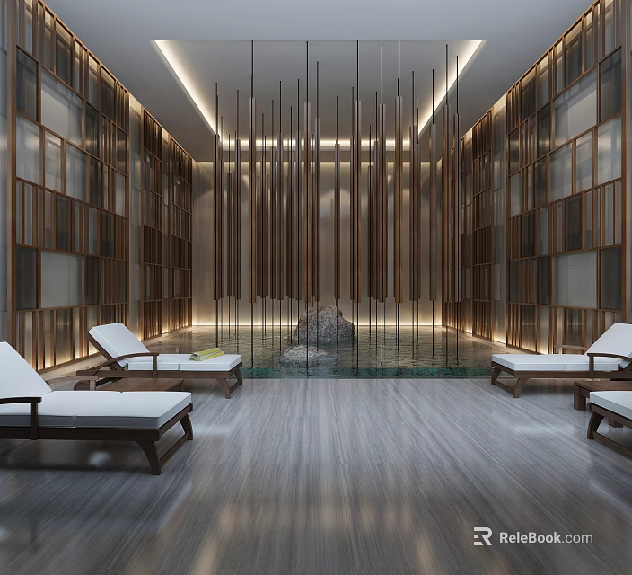 Elegant Modern Lounge Area With Wooden Partitions Loungers Water Feature And Lighting Fixtures 3d model 