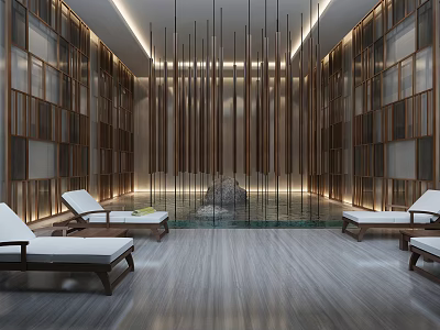 Elegant Modern Lounge Area With Wooden Partitions Loungers Water Feature And Lighting Fixtures 3d model