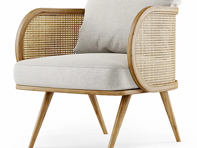 Minimalist Single Sofa Featuring Rattan Armrests Light Gray Fabric Cushion And Wooden Legs 3d model