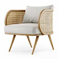 Minimalist Single Sofa Featuring Rattan Armrests Light Gray Fabric Cushion And Wooden Legs