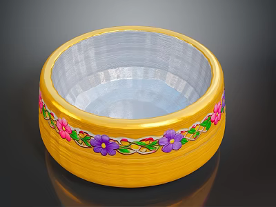 Yellow Decorative Bowl With Colorful Floral Patterns And Green Leaves On Edge 3d model