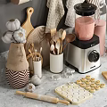 Organized Kitchen Utensils Display With Mugs Plates Bowls Blender Kettle Cutting Boards And Towels