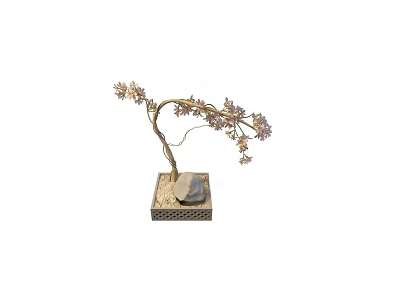 Small Bonsai Plant with Curved Trunk Decorative Flowers and Square Base 3d model