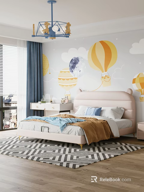 Cute Kids Bed With Pink Cat Ear Headboard Blue Brown Blanket And Hot Air Balloon Moon Cloud Mural 3d model 