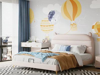 Cute Kids Bed With Pink Cat Ear Headboard Blue Brown Blanket And Hot Air Balloon Moon Cloud Mural 3d model