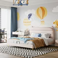 Cute Kids Bed With Pink Cat Ear Headboard Blue Brown Blanket And Hot Air Balloon Moon Cloud Mural