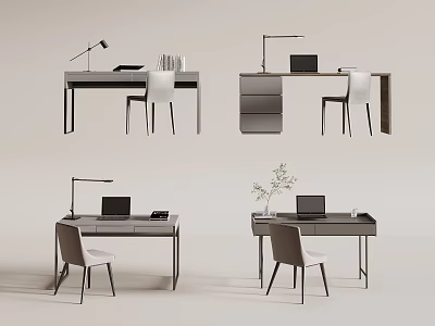 Modern Home Office Desk With Chair Laptop Lamp And Decorative Plant 3d model