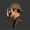 Vintage Man With Deerstalker Hat Mustache Smoking Pipe And Bust Sculpture