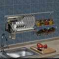 Wall Mounted Stainless Steel Bathroom Cabinet Rack with Toiletries and Dishes on Blue Tile Wall