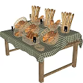 Bakery Fresh Bread Display With Wicker Baskets Checkered Tablecloth And Wooden Table 3d model