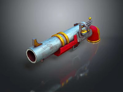 Vintage Metal Cannon Weapon Featuring Red Yellow Accents And Rustic Decorative Details 3d model