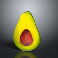 Halved Avocado with Yellow Flesh and Red Seed on Gray Background