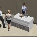 Modern Office Reception Desk With Box And Computer Monitor And People Approaching Receptionist
