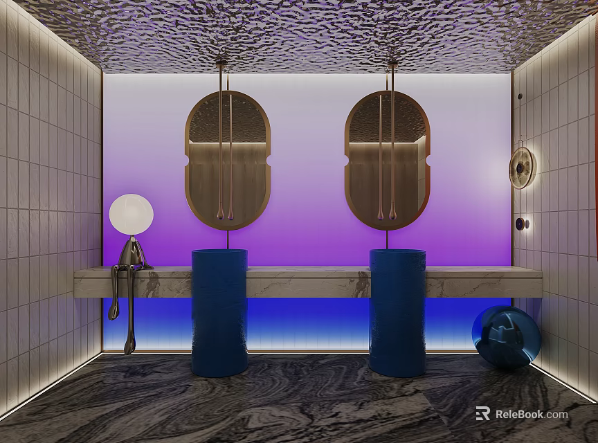 Luxury Modern Public Toilet With Double Wash Basins And Gradient Ambient Lighting Interior Design 3d model 