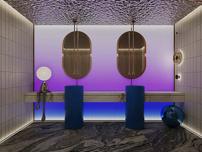 Luxury Modern Public Toilet With Double Wash Basins And Gradient Ambient Lighting Interior Design 3d model