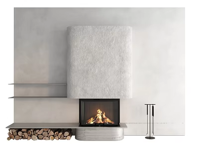 Modern Fireplace Interior Design With Textured Panel Wood Logs Shelves And Tool Stand 3d model