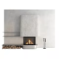 Modern Fireplace Interior Design With Textured Panel Wood Logs Shelves And Tool Stand