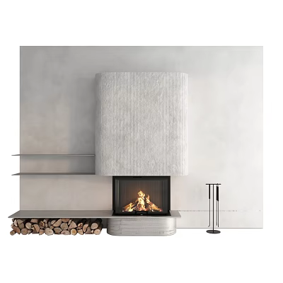 Modern Fireplace Interior Design With Textured Panel Wood Logs Shelves And Tool Stand 3d model
