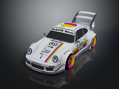 White Racing Car With MAIER-WEISS Logo Number 89 Colorful Stripes And Rear Spoiler 3d model