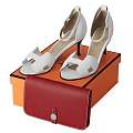 Stylish Red Bag And Orange Boxes With White High Heels On