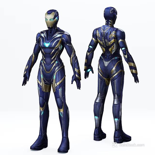 Game Movie Character In Blue And Gold Armor With Glowing Elements Front And Back Views 3d model 