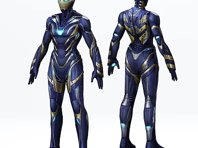 Game Movie Character In Blue And Gold Armor With Glowing Elements Front And Back Views 3d model