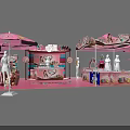 Pink Exhibition Booth Decorative Setup With Umbrellas Mannequins And Product Displays