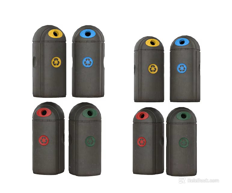 Public Facilities Color Coded Waste Bins With Yellow Blue Red Green Recycling Symbols 3d model 