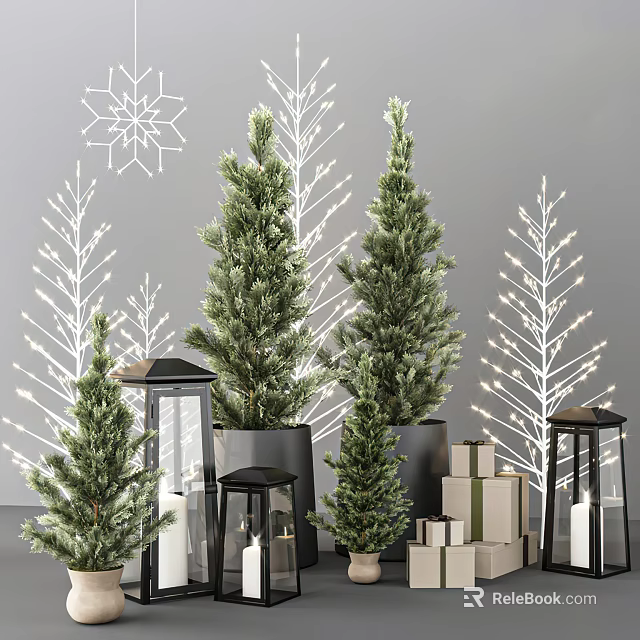 Potted Bonsai Pine Trees in Festive Indoor Decoration With Decorative Lights Lanterns And Gift Boxes 3d model 