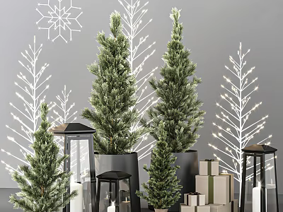 Potted Bonsai Pine Trees in Festive Indoor Decoration With Decorative Lights Lanterns And Gift Boxes 3d model