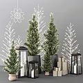 Potted Bonsai Pine Trees in Festive Indoor Decoration With Decorative Lights Lanterns And Gift Boxes